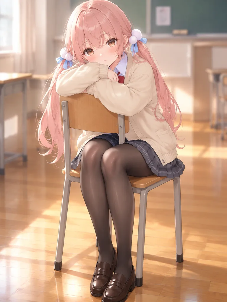 Shy Anime Schoolgirl Hugging Chair