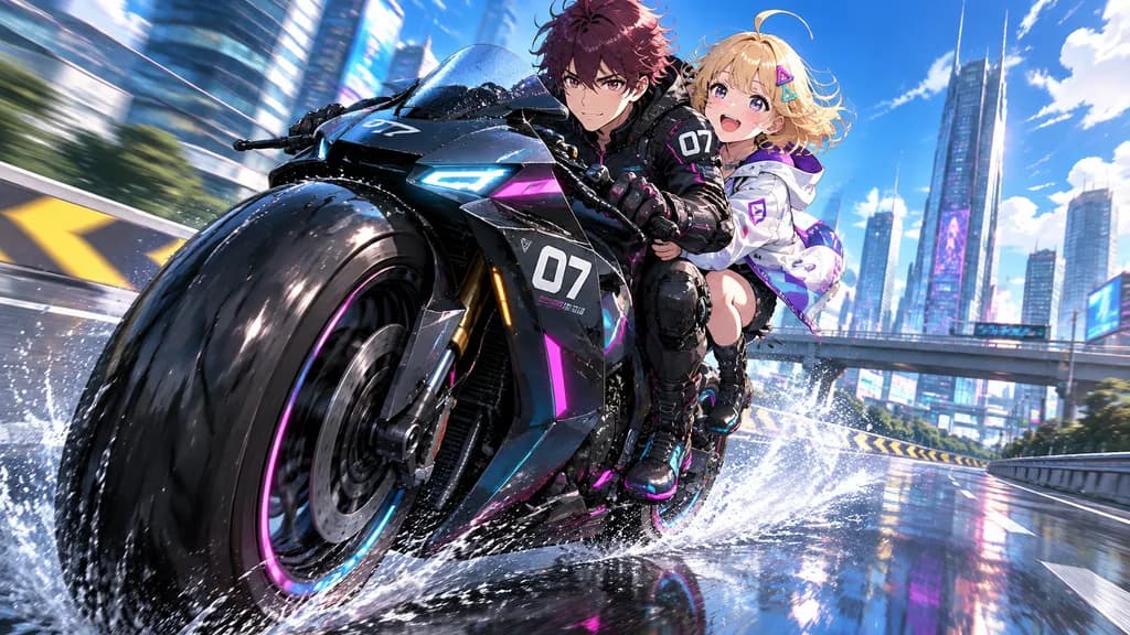 近未来サイバーパンクバイクのハイウェイ疾走