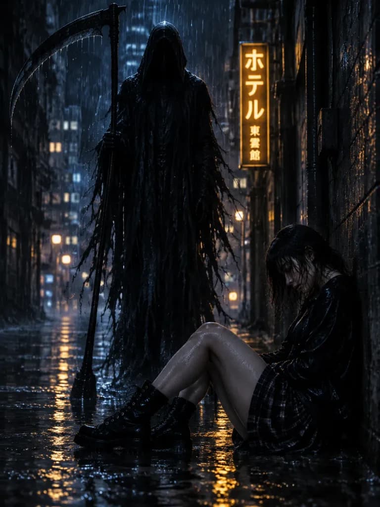 Grim Reaper Lurking in Rainy Alley