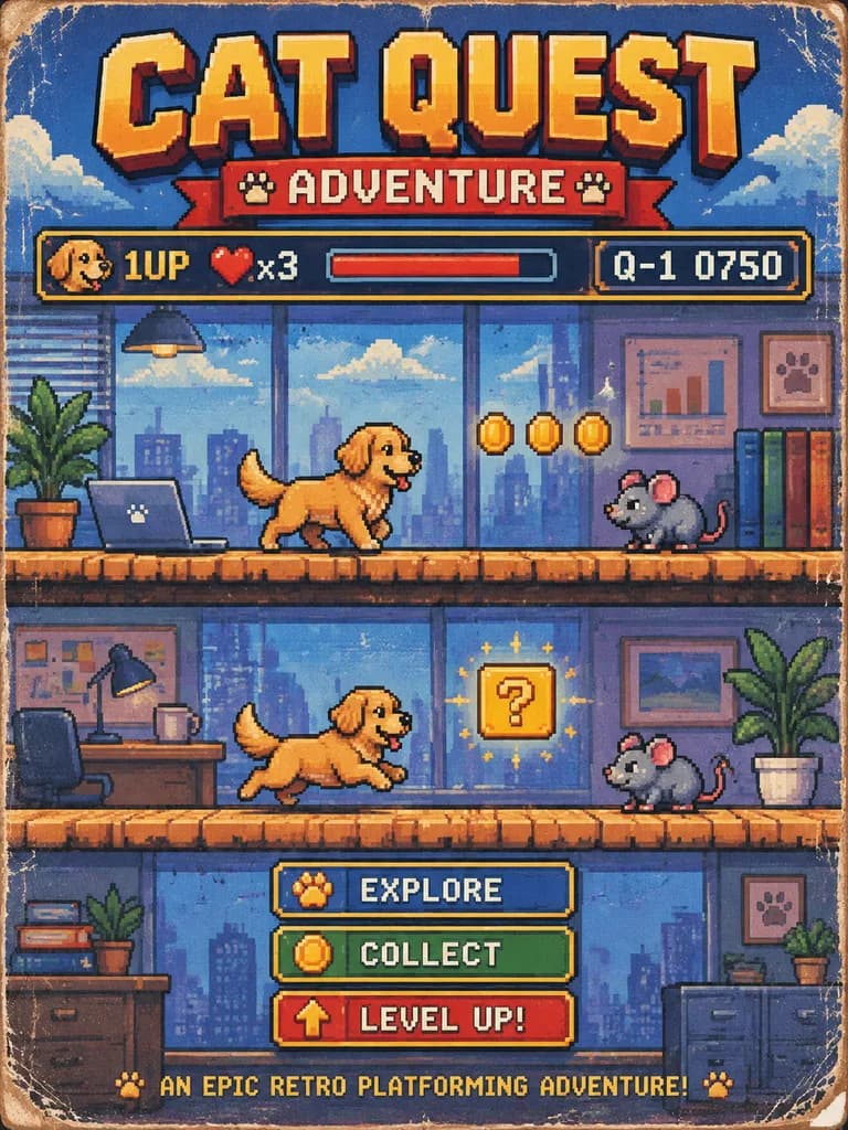 Ретро-постер пиксельной игры с котом