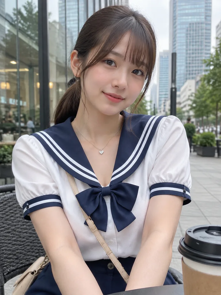 戶外咖啡館海軍風襯衫隨拍人像
