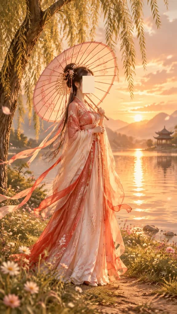 Hanfu Woman with Parasol at Sunset
