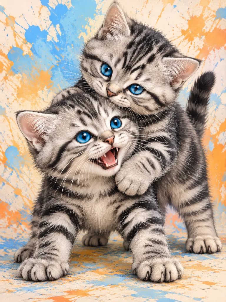じゃれ合うトラ柄子猫のスタジオ風イラスト