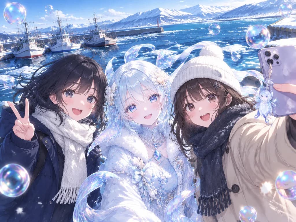 冬の港のアニメ調クリオネ自撮り