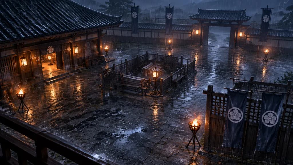 Rainy Feudal Japanese Courtyard at Night
