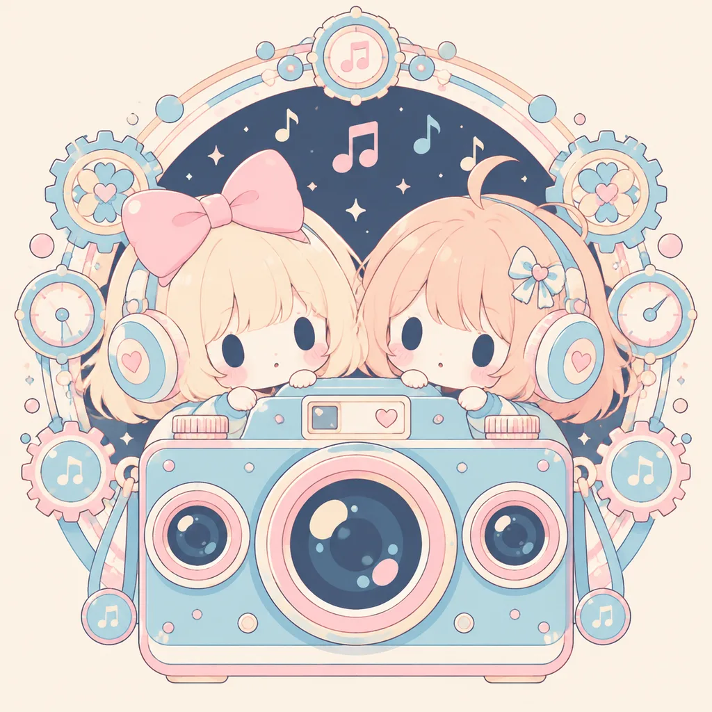 レトロカメラの後ろのちびアニメ双子