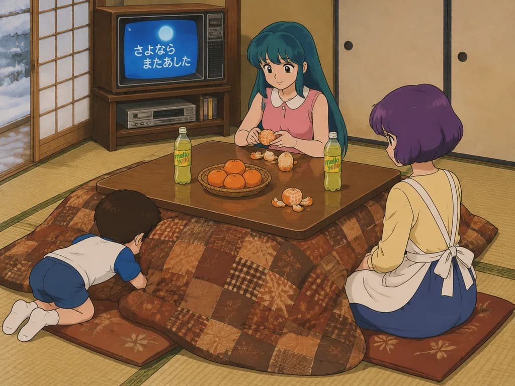 レトロアニメ風こたつを囲む家族