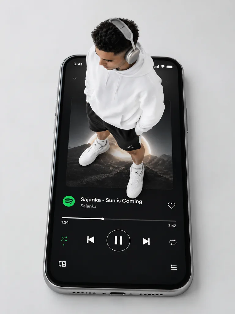 巨大なスマホ画面に立つファッションモデル