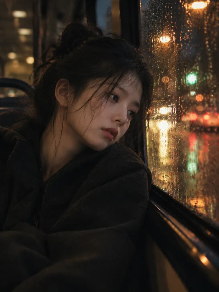 Melancholic Bus Window Night Portrait