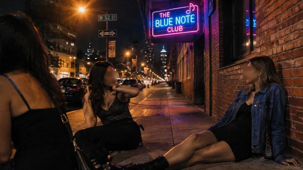 Escena Callejera Nocturna Frente a un Club de Jazz