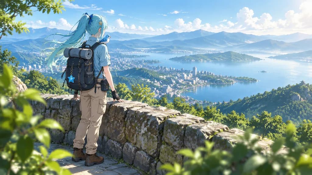 絶景を望むアニメ風ハイカー