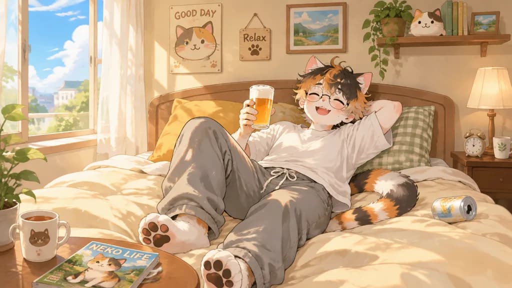 Cozy Anime Cat Holiday Bedroom