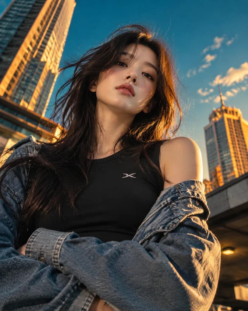 Low-Angle Golden Hour Urban Portrait
