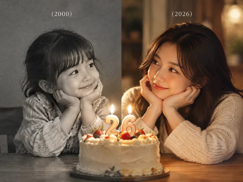 過去と現在が交差するスプリット誕生日ポートレート