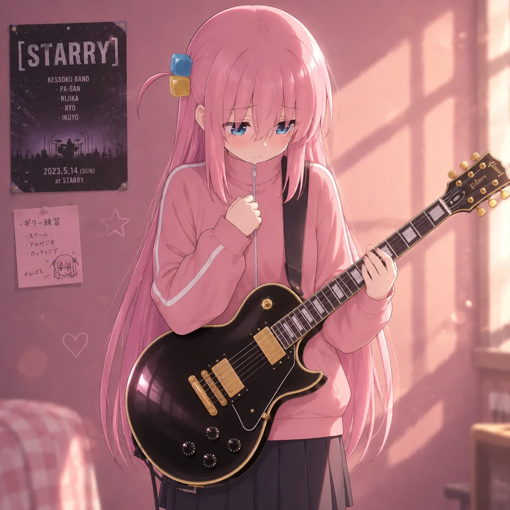 Shy Anime Guitarist in Sunlit Room