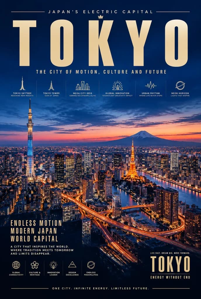 Póster de viaje de lujo de Tokio al anochecer