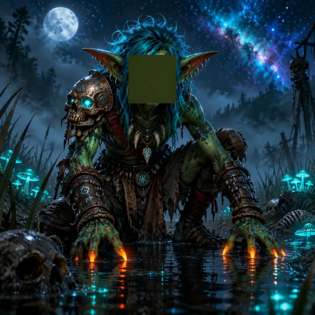 Censored Goblin Warrior in Bioluminescent Swamp