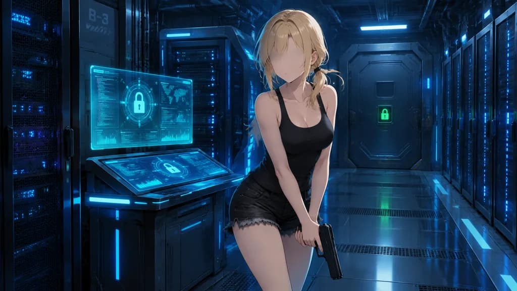 Faceless Cyberpunk Operative in Server Room