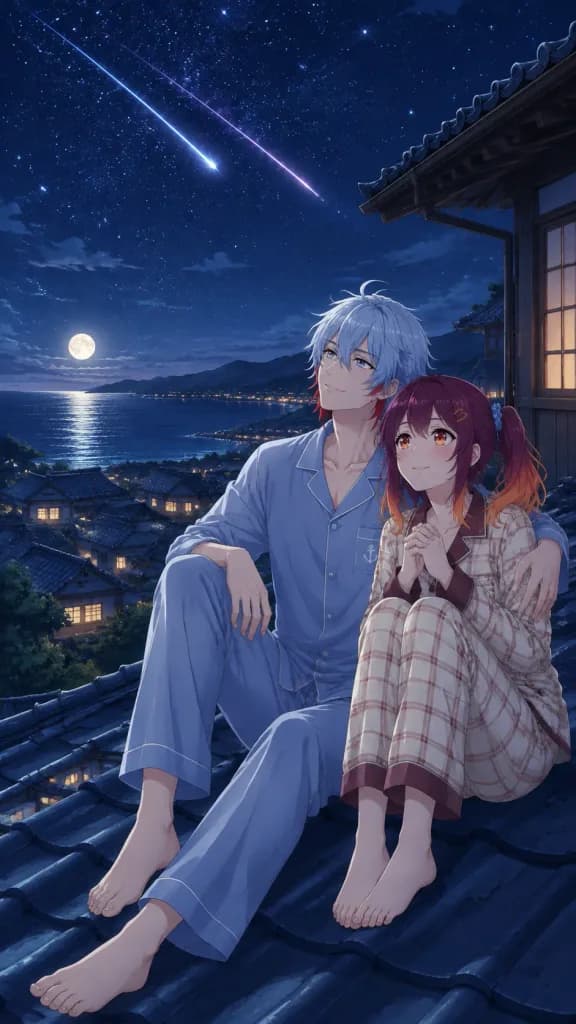Anime Couple Stargazing on Rooftop