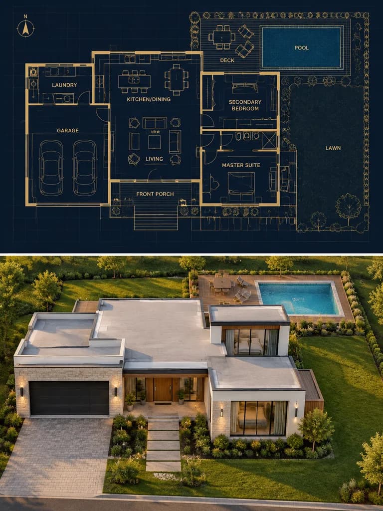 Split Blueprint and Architectural Render