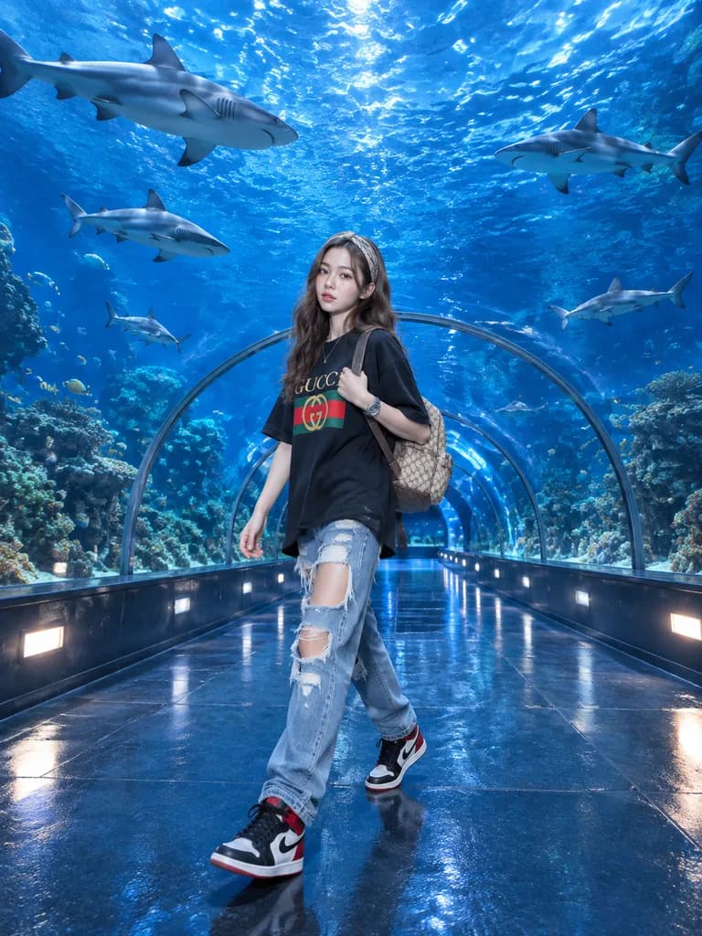 Streetwear Fashion in Aquarium Shark Tunnel