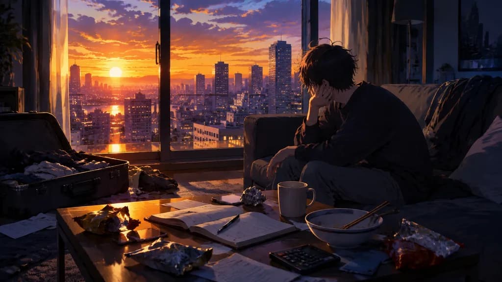 Melancholic Anime Sunset Apartment Scene