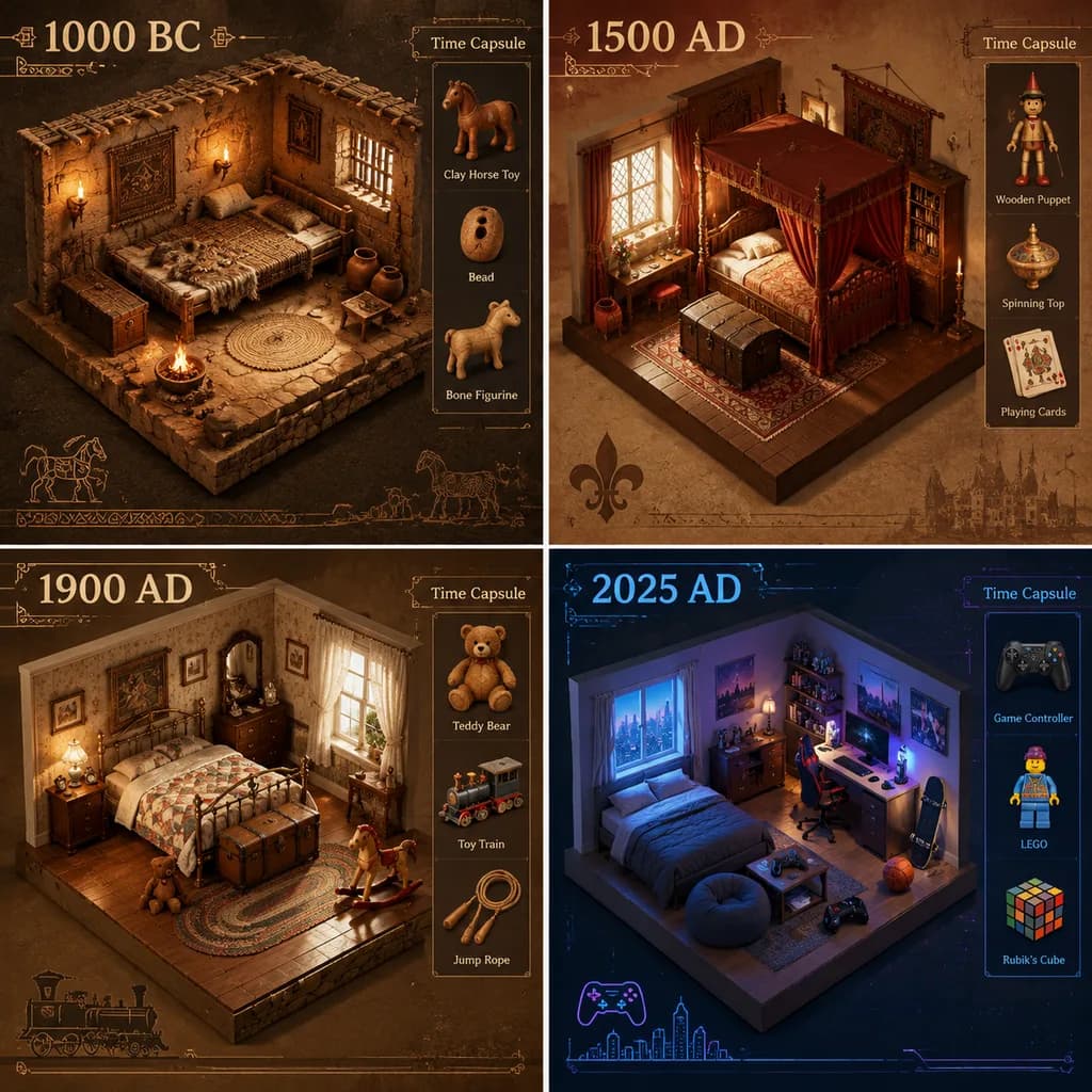 Historical Bedroom Diorama 2x2 Grid