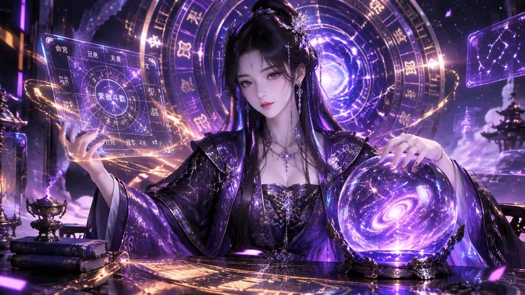 Cyberpunk Chinese Diviner with Holographic Charts