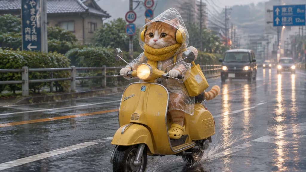 Cat Riding Scooter on Rainy Street
