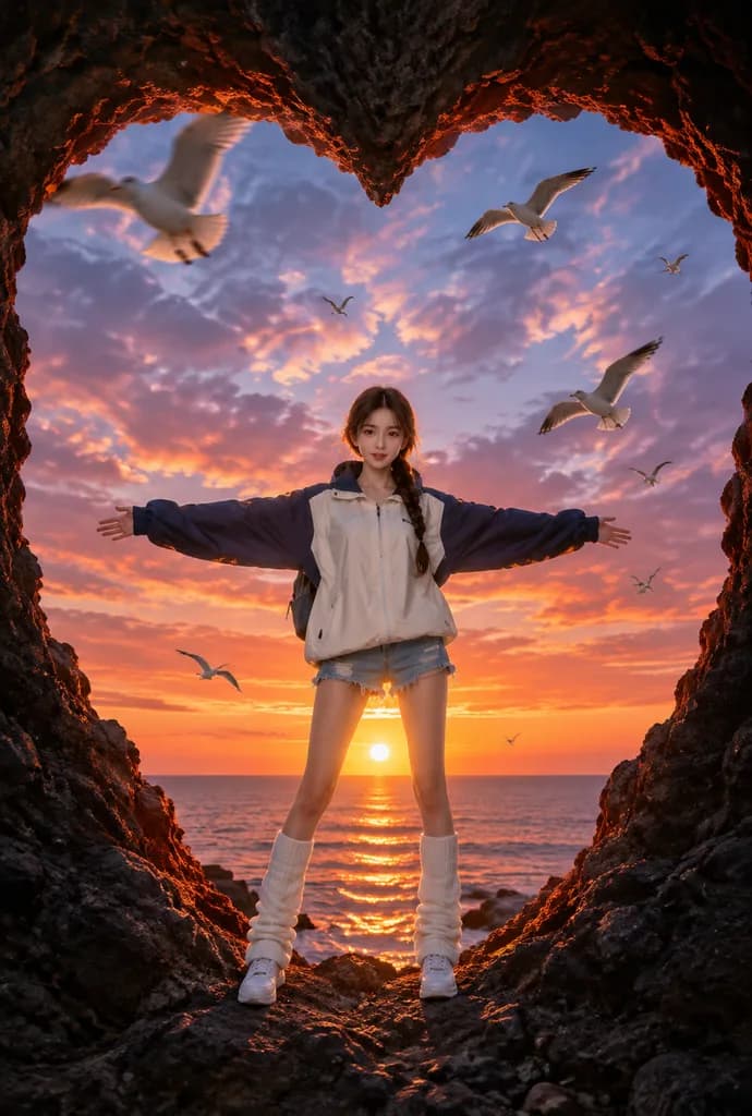 ハート型洞窟の夕日ポートレート