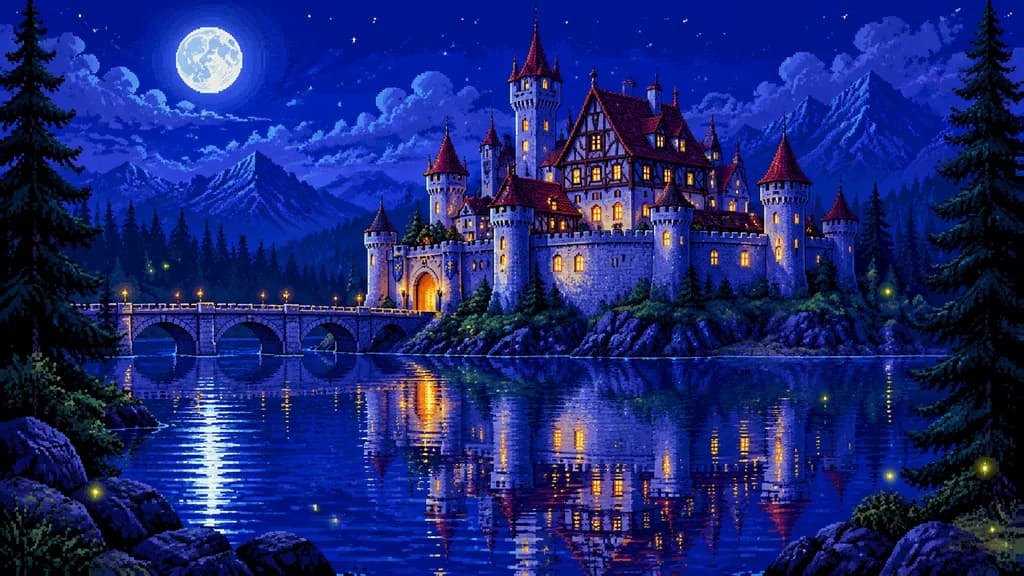 Moonlit Pixel Art Fantasy Castle