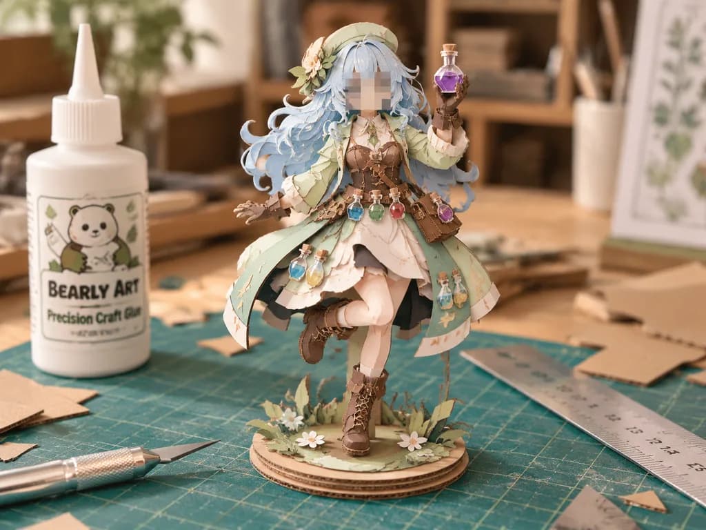 Layered Papercraft Alchemist Figurine on Desk