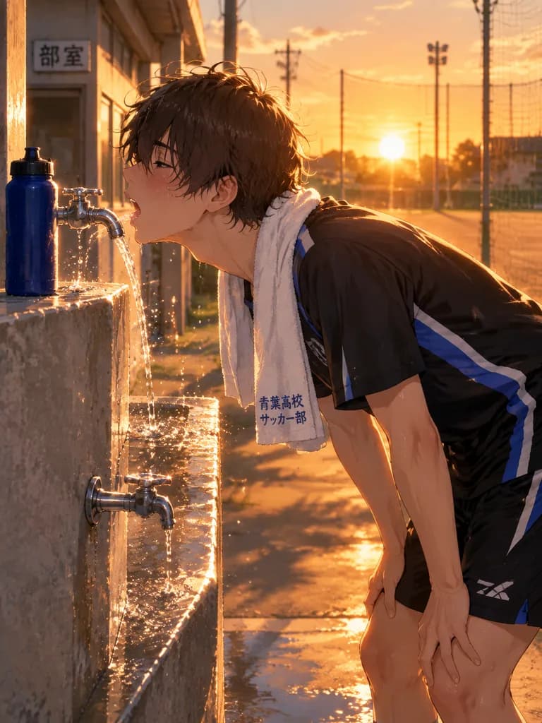 Anime Soccer Player at School Water Fountain