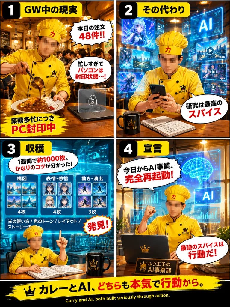 Four-Panel Curry Chef AI Comic Poster