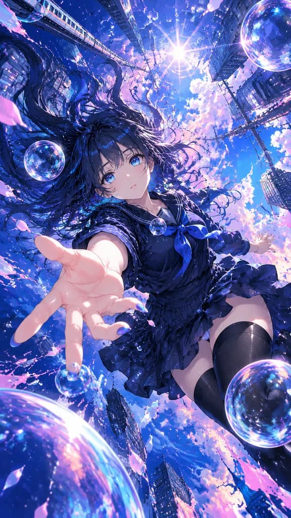 反転したネオンの空を落ちるアニメ少女