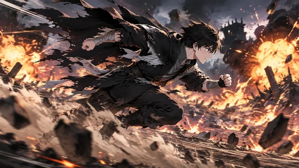 Anime Warrior Sprinting Through Battlefield