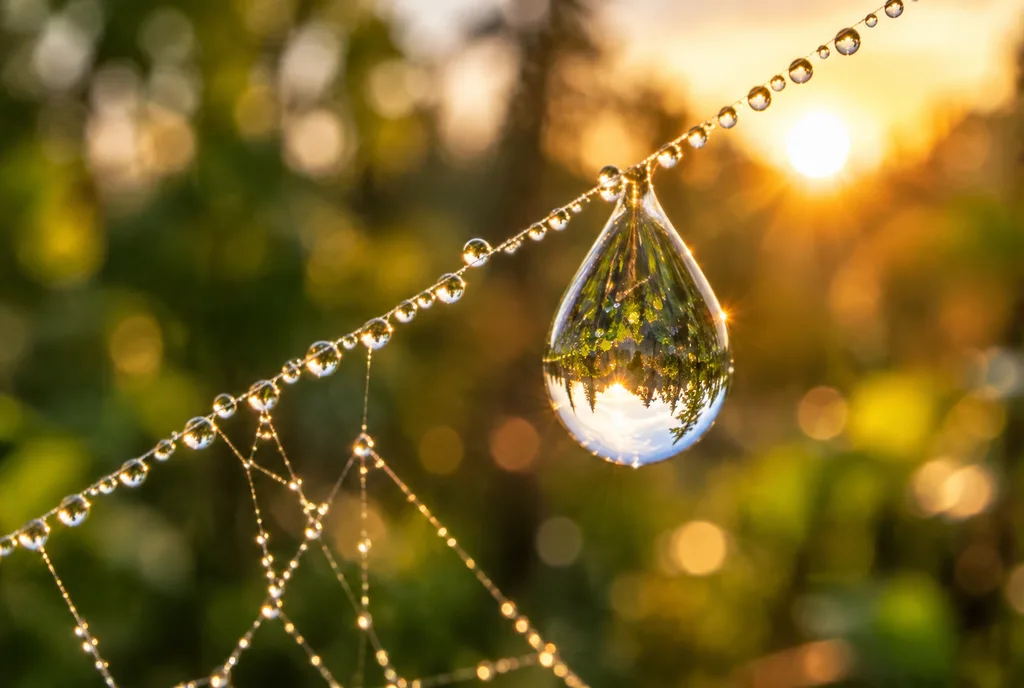 Macro Dewdrop Refracting Forest Sunrise