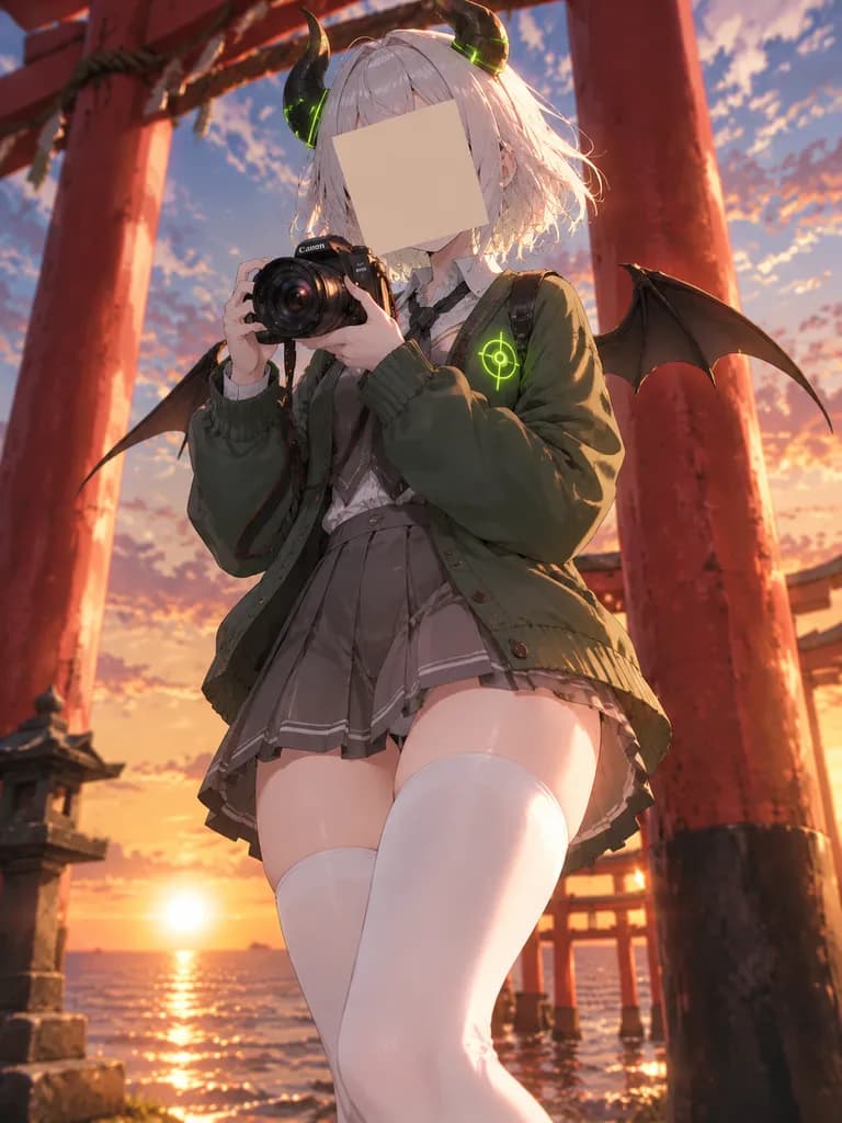 海辺の神社に立つメカ擬人化少女