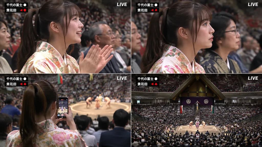 大相撲生中継テレビ風4分割コラージュ