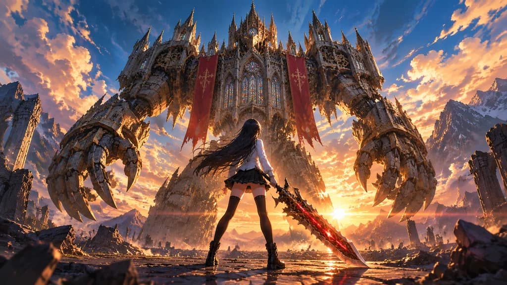 Schoolgirl Facing Colossal Cathedral Golem