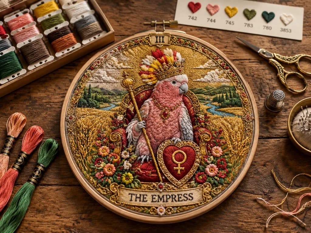 Embroidered Empress Tarot Craft Flatlay