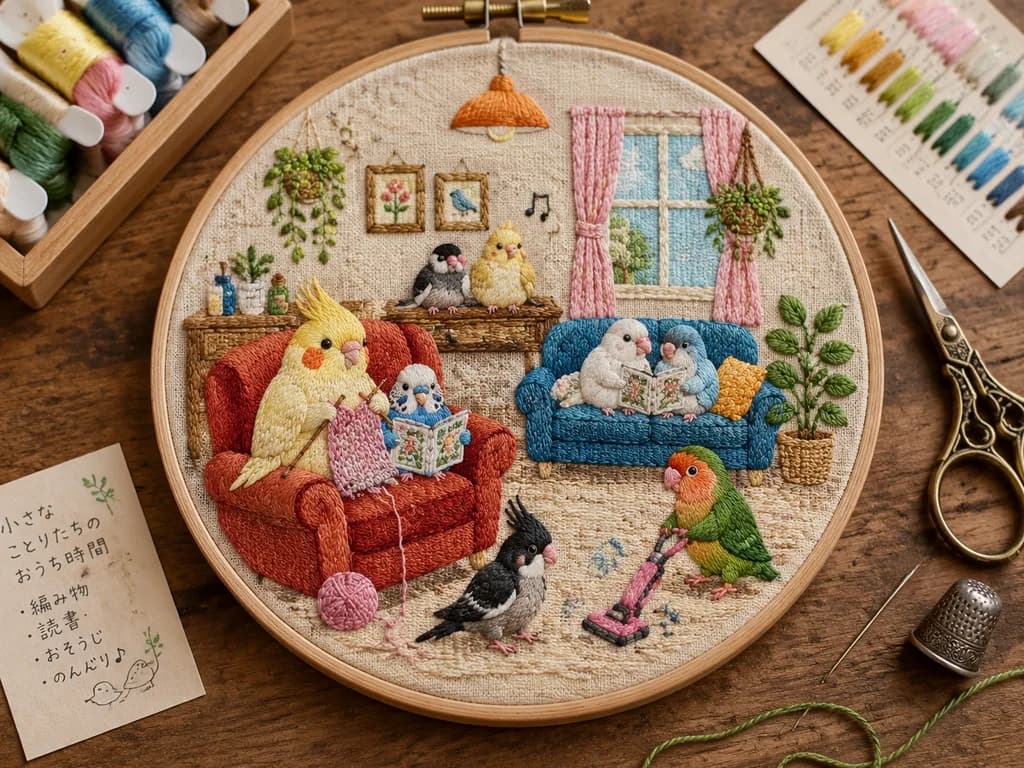 Embroidered Bird Living Room Flat Lay