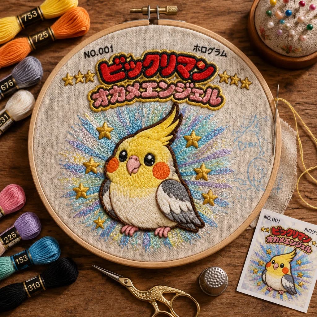 Holographic Mascot Embroidery Hoop Scene
