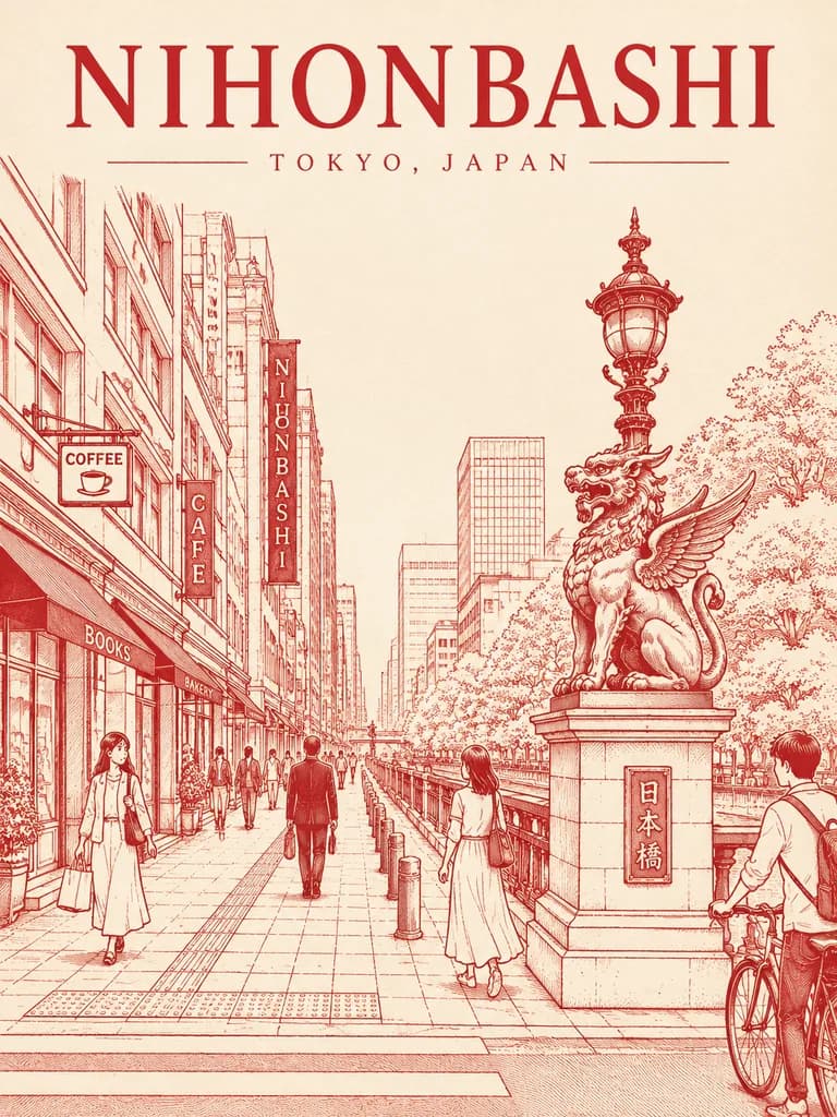 Póster de viaje con arte lineal rojo de Nihonbashi