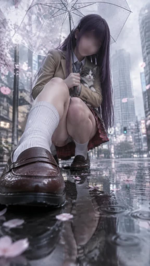 Rainy Sakura Street Schoolgirl Portrait