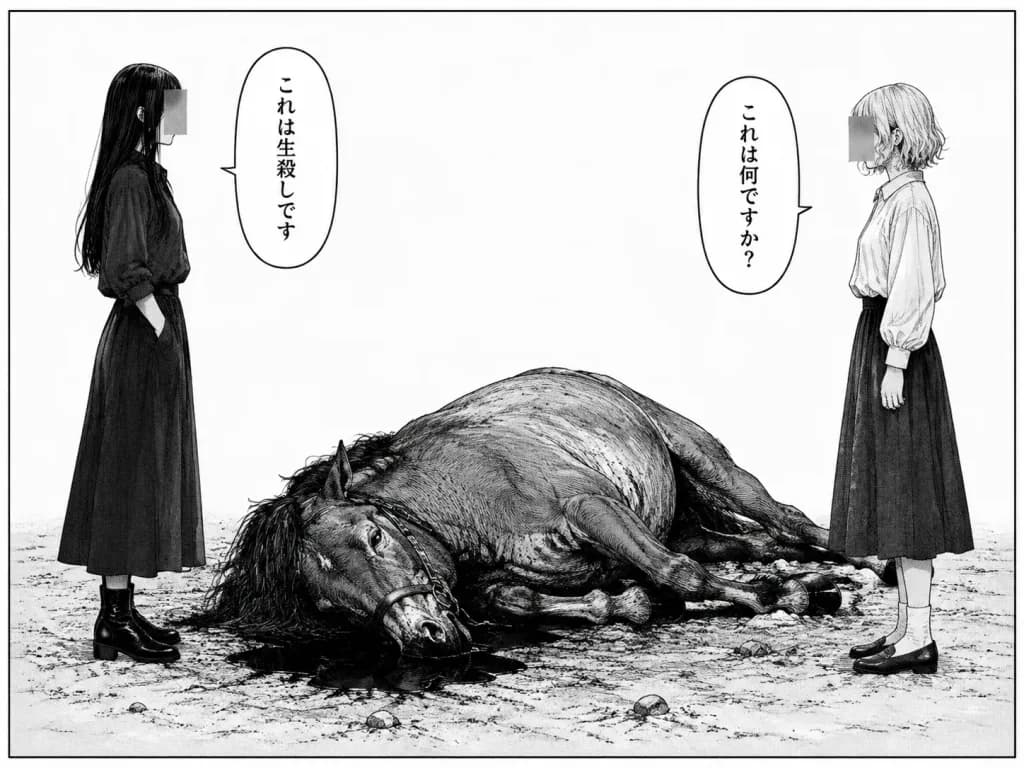 顔を隠された人物と青年漫画のコマ