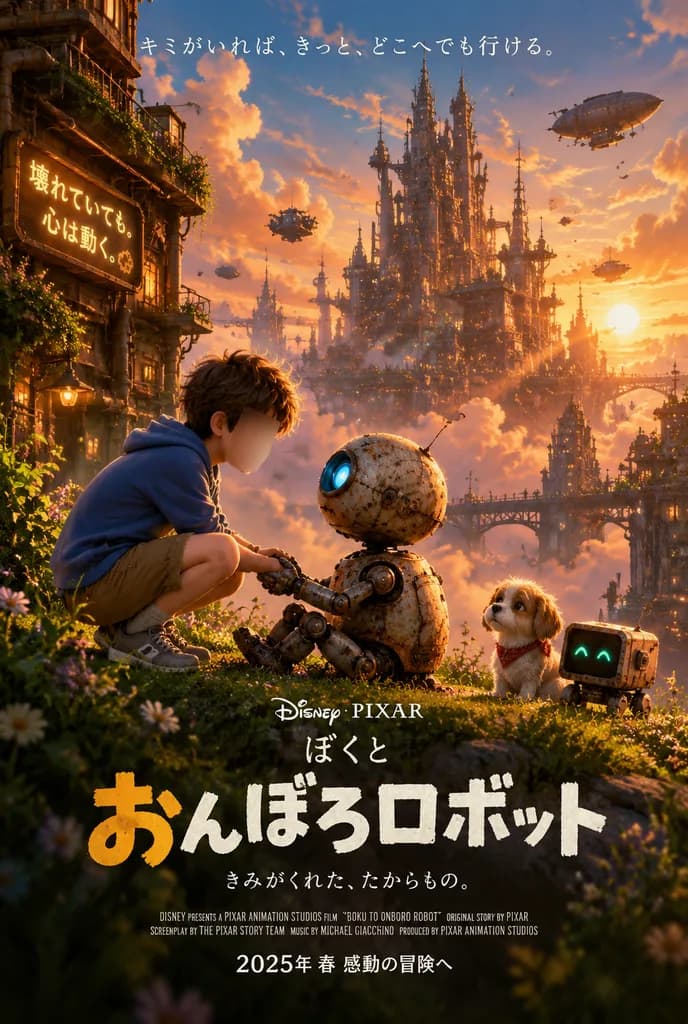スチームパンクの少年とロボットのアニメ映画ポスター