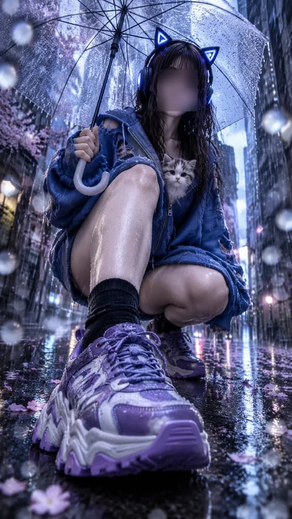 雨巷中的貓耳耳機少女
