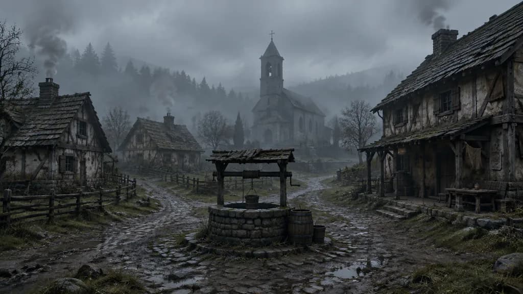 Misty Medieval Village Square Establishing Shot
