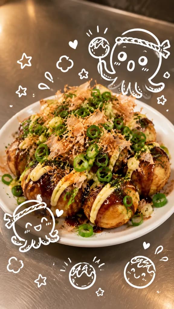 Takoyaki Food Photo with Octopus Doodles
